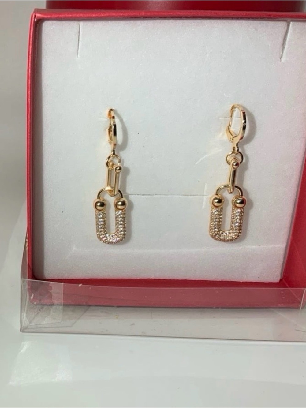 Gold Crystal U Link Pave Drop Earrings - Women Jewelry